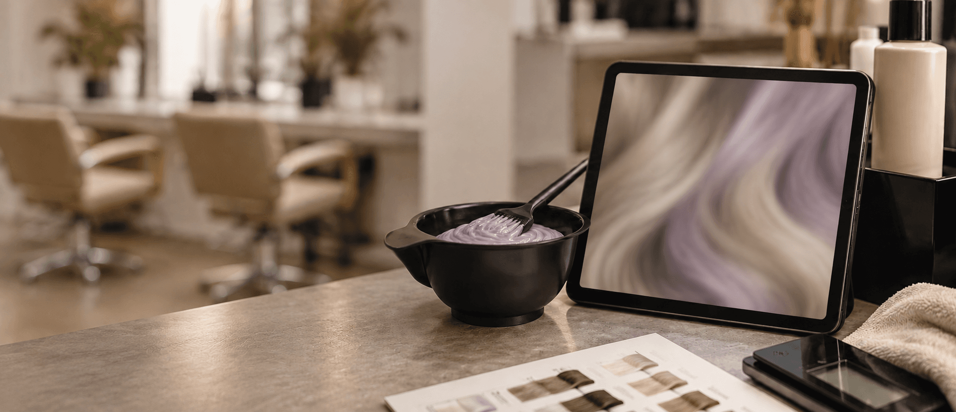 Colour-mixing bowl and tablet at a salon workstation.