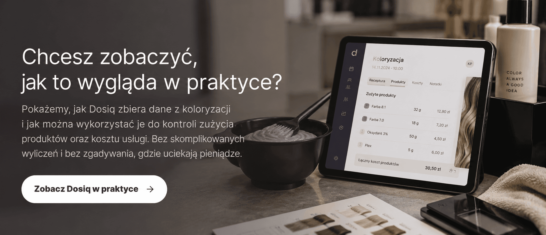 Miska do mieszania farby i tablet na stanowisku fryzjerskim.