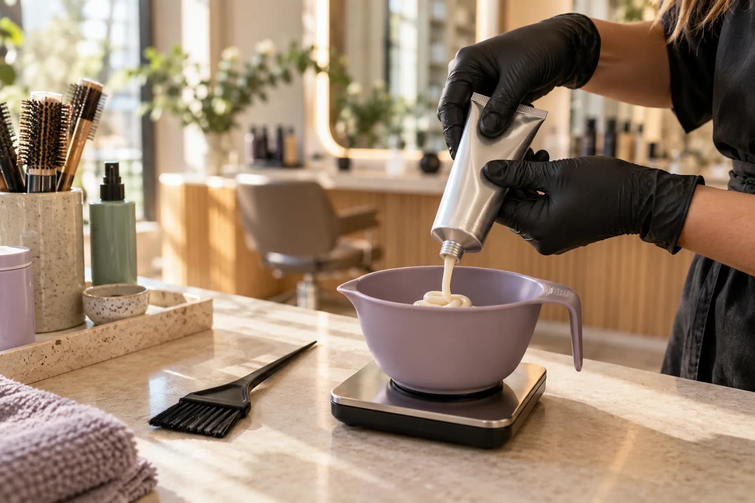 A stylist’s hands dispense colour into a lavender bowl on a salon scale.