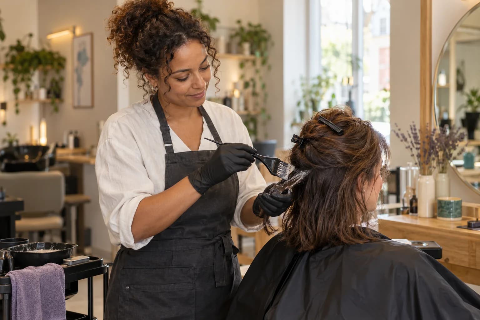 A stylist applies colour to a section of a client’s hair in a bright salon.